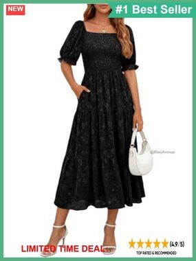 Women Summer Midi Smocked A Line Floral Dress with Pockets